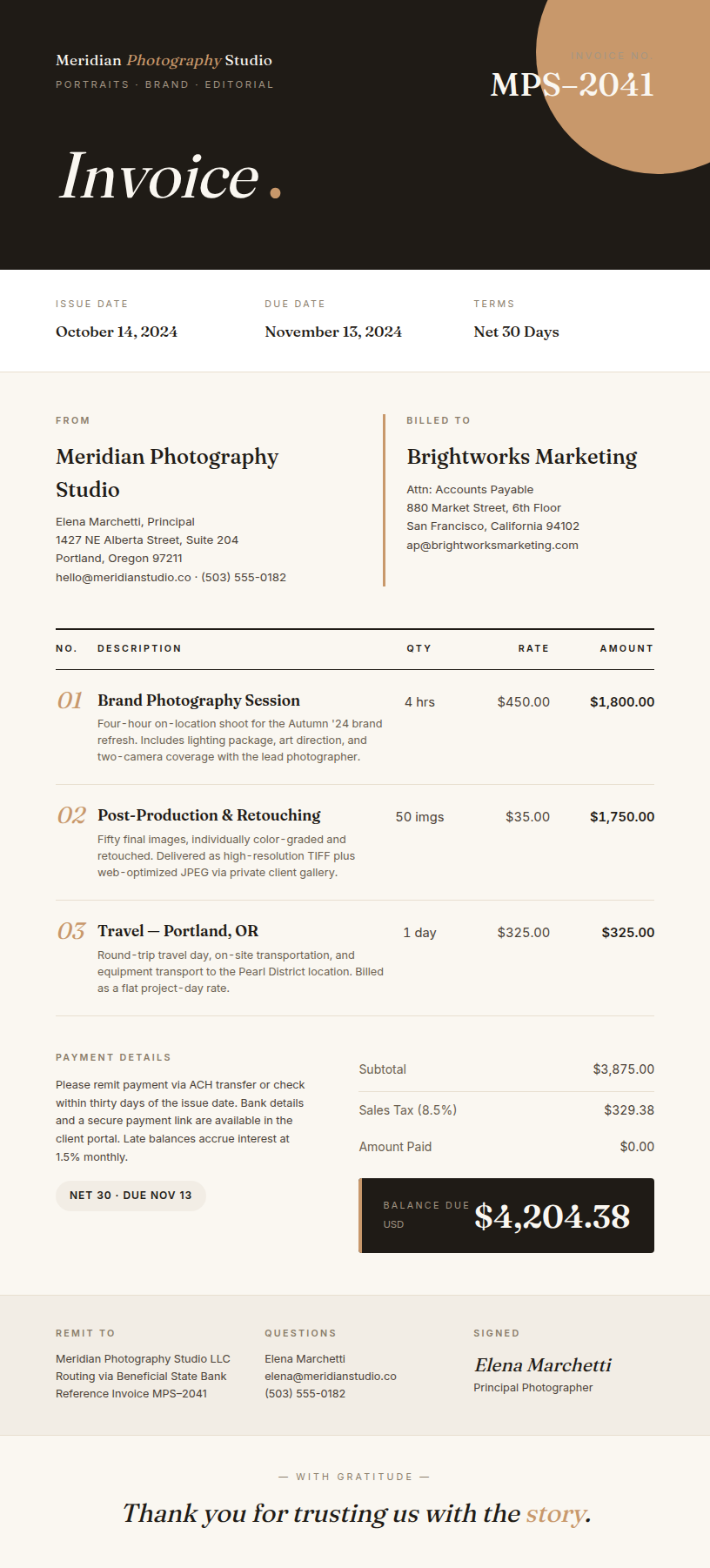 AI-generated professional invoice — created in 30 seconds from a text description
