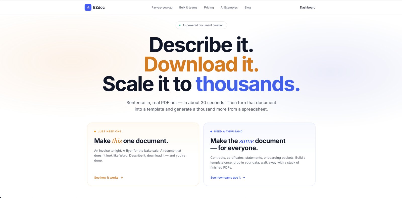 The new EZdoc home page — a fork between Make this one document (amber) and Make the same document for everyone (blue)