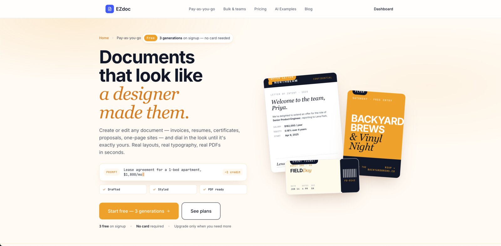 The new pay-as-you-go page — three free generations on signup, no card required, designed for the one-document person