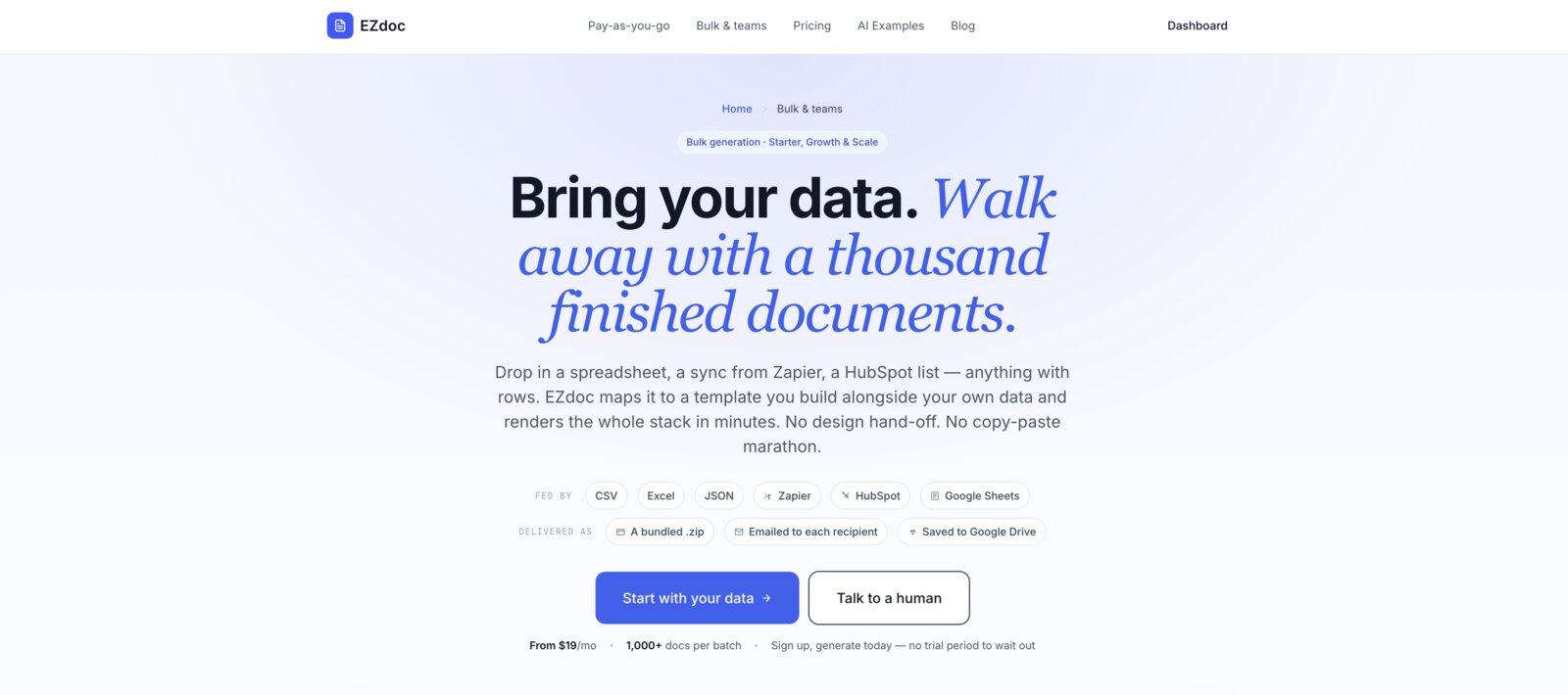 The new bulk and teams page — bring your data, walk away with a thousand finished documents