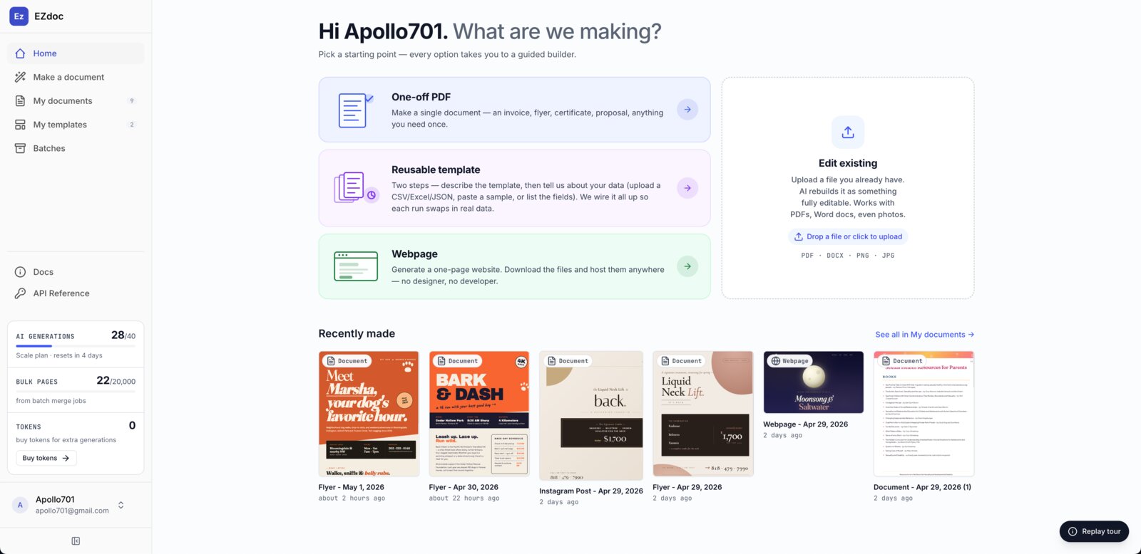 The EZdoc dashboard — a clean starting point that asks 'what are we making?' without forcing you down a single path